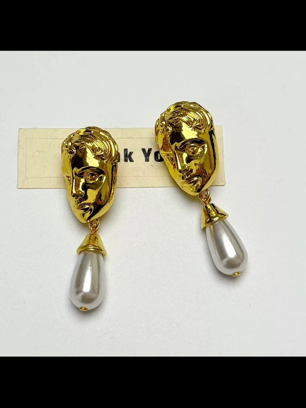 Gold Face Drop Earrings with Pearl Teardrops